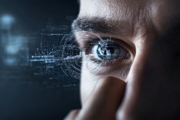 A detailed close-up of a human eye augmented with digital interface graphics, representing the convergence of human vision and digital technology in modern society.