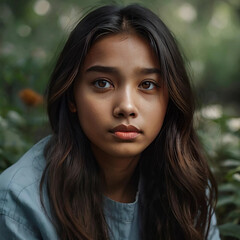 Calm girl face illustration, peaceful female portrait, serene expression artwork