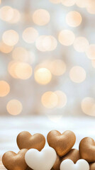 Fototapeta premium Golden and white heart shaped decorations with soft bokeh light background, creating romantic and warm atmosphere