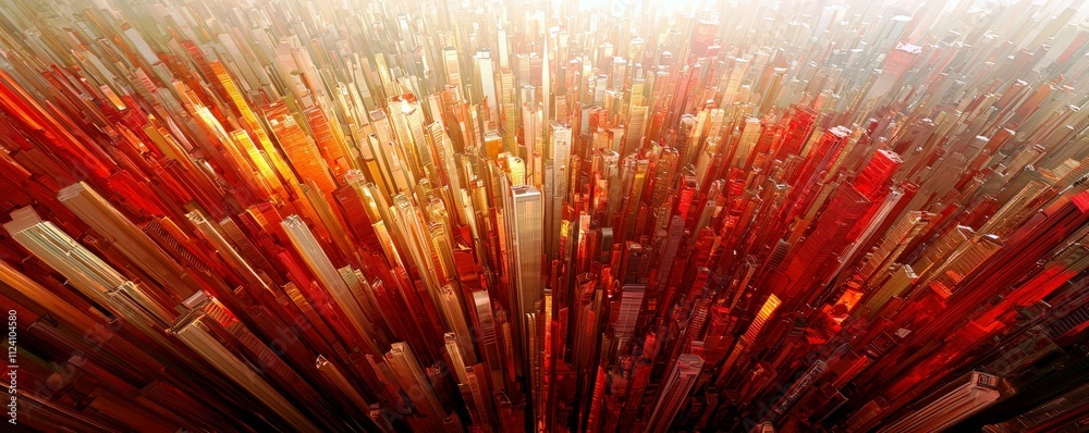 Poster abstract landscape of vertical structures bathed in orange and red light with jagged forms creating 