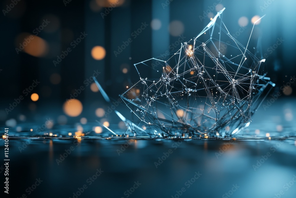 Poster an abstract composition of a shattered structure and glowing network web, representing connectivity 