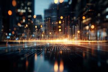 A futuristic cityscape image highlights the interface of digital and urban elements with glowing lines indicating data movement and technological growth.