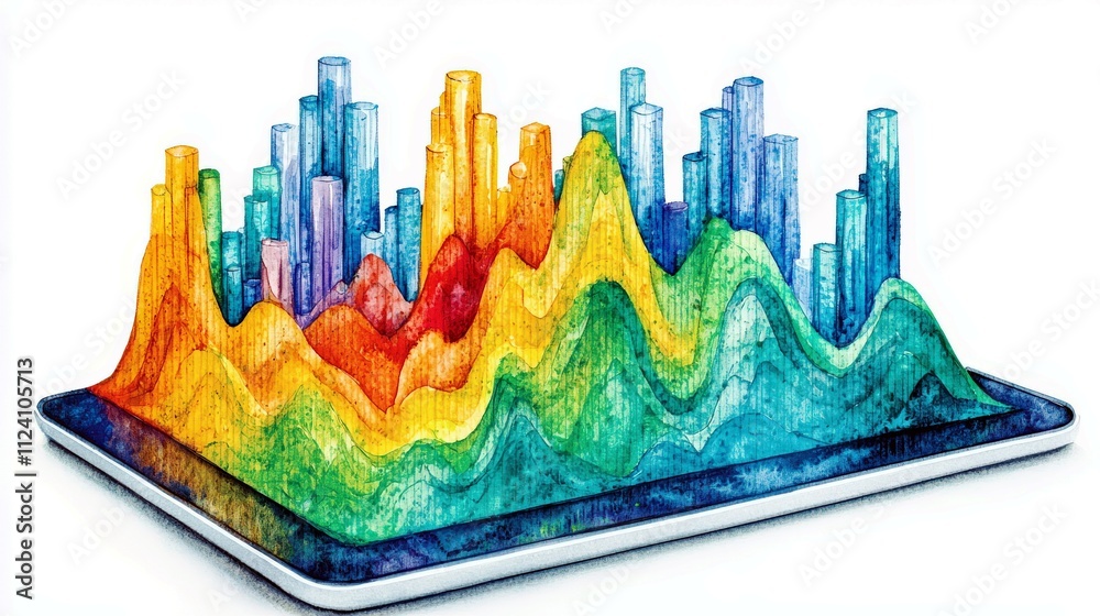 Poster colorful 3d data visualization on a tablet screen with vibrant peaks and valleys representing comple