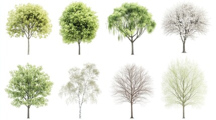 Fototapeta premium Diverse Tree Species: Eight Trees Showcase Spring Foliage, Winter Branches, and Unique Textures. Nature's Beauty in Various Stages.