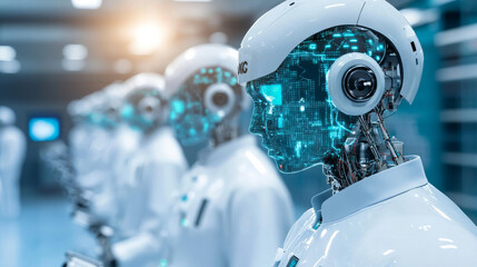 Fototapeta premium Futuristic robots with glowing circuits stand in high tech environment, showcasing advanced technology and innovation. Their sleek design and digital features evoke sense of wonder and curiosity