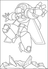 Children's coloring book with a black and white outline robot theme.
