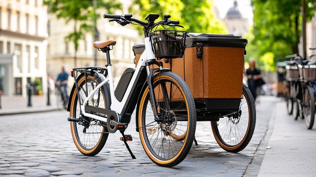 Green logistic Sustainable transport concept. Electric cargo bike parked on a cobblestone street surrounded by lush greenery.