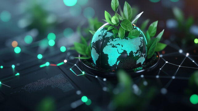 A digital globe surrounded by vibrant green plants symbolizes harmony between technology and nature. This image reflects vision of sustainable future where innovation meets environmental consciousness