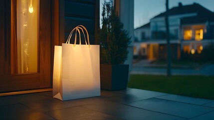 Illuminated Food Delivery Bag at Night on Front Porch with Suburban House Background and Warm Light from Windows
