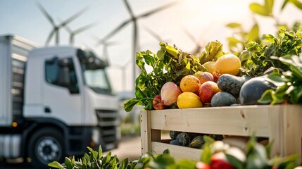 Green logistic Sustainable transport concept. Fresh produce in a crate with a delivery truck and wind turbines in the background at a sustainable farm.