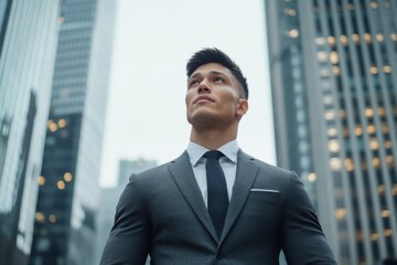 A confident professional wearing a suit appears poised among city skyscrapers, embodying ambition and success against a backdrop of urban architecture and high rise buildings.