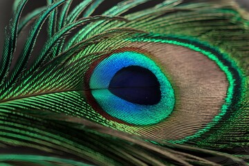 Naklejka premium Close up of a peacock feather. Colorful decorative design.