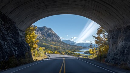 Scenic Mountain Highway Merging into Tunnel with Rays of Light and Autumn Colors Reflecting on the Road and Surrounding Landscape
