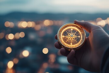 A close-up of a hand holding a compass with glowing lights in the background, symbolizing direction and guidance against a blurred urban cityscape.