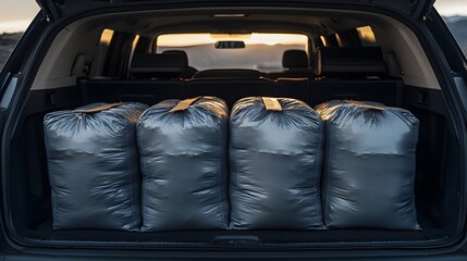 Fototapeta premium Neatly Arranged Insulated Delivery Bags in the Back of a Vehicle, Ready for Transportation at Sunset with a Scenic Background