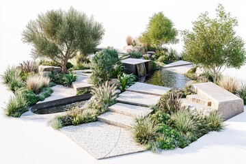 Serene Garden Design: Landscaping with Plants, Water Feature, and Stone Pathways