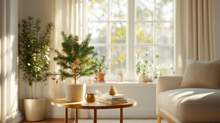 A cozy living room scene featuring small Christmas tree adorned with decorations, warm cup on table, and sunlight streaming through window, creating serene atmosphere