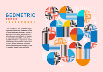 Abstract geometric horizontal background with many bright colors and white elements. On the left there is space to place text on a pink background designed for book covers, brochures, cards.