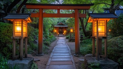A serene pathway through a Japanese garden with lanterns and a torii gate, inviting tranquility.