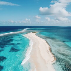 Serene Aerial View of Tropical Island with Stunning White Sand Beach and Turquoise Waters Surrounded by Coral Reef in a Clear Sky Above the Ocean