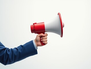 Closeup of a hand holding a red and white megaphone against light background