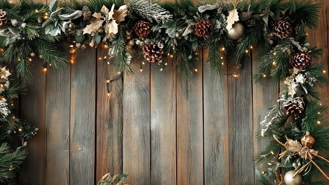 Christmas wreath design with ribbons and holly berries on a classic wooden texture.