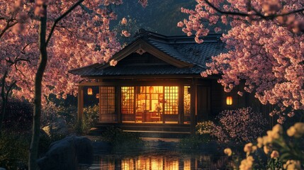 Fototapeta premium A serene traditional house illuminated by warm light, surrounded by blooming cherry blossom trees.