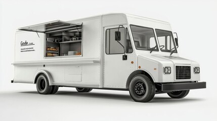 Mockup of white food truck with an open window with blank space on the side on a plain white background. , isolated on white background,  , copy space, copy space for text,