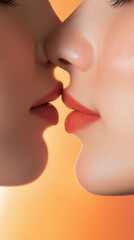 Obraz premium Close up of passionate kiss under warm, soft lighting, highlighting smooth skin and tender emotions
