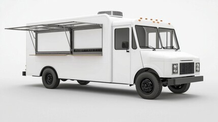 Mockup of white food truck with an open window with blank space on the side on a plain white background. , isolated on white background,  , copy space, copy space for text,