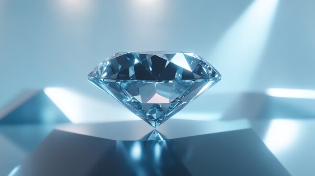 Futuristic lab-grown diamond floating in a sleek, minimal geometric space, with soft blue ambient light highlighting its precision engineering and crystal clarity, showcasing luxury and modern design.
