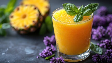 Fototapeta premium Fresh pineapple juice in a glass garnished with basil leaves, surrounded by purple flowers and a sliced pineapple, showcasing tropical flavors and vibrant presentation.