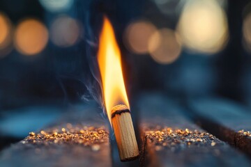 A single matchstick burning with a bright flame, surrounded by glowing embers, casting shadows on a wooden surface. Smoke elegantly wisps upwards.