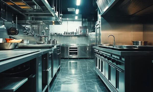A modern commercial kitchen equipped for food preparation and cooking.