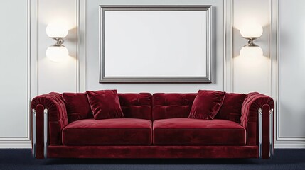 Contemporary living room with velvet sofa, silver-framed poster, and minimalist decor.