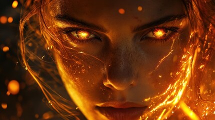 Fiery woman's face with glowing eyes, engulfed in flames. Perfect for fantasy, power, or mythical themes.