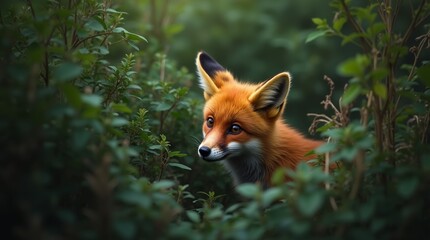 Naklejka premium A curious red fox peeking through the underbrush in a dense forest, its bright fur contrasting with the rich greens of the foliage, embodying the spirit of the wild