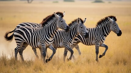 Fototapeta premium A dynamic scene of a herd of zebras running across the open savannah, their striking black and white stripes creating a mesmerizing pattern against the golden grasslands