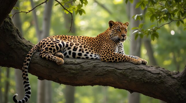 A majestic leopard lounging on a sturdy branch of a tree, its spotted coat blending beautifully with the dappled sunlight filtering through the leaves, showcasing the elegance of this powerful predato