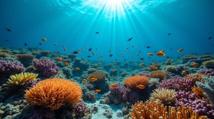 Obraz premium A vibrant coral reef teeming with colorful fish swimming among the corals, showcasing the rich biodiversity and beauty of underwater life in a tropical ocean environment