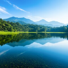 A serene landscape featuring a calm lake surrounded by lush greenery and distant mountains under a clear blue sky, Ideal for nature-themed projects, travel blogs, or relaxation materials,
