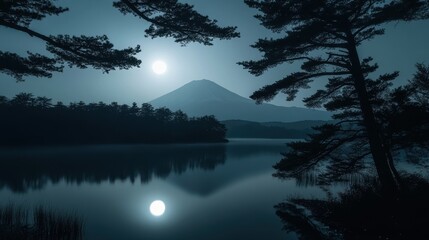 Under the Full Moon, Mt Fuji Stands Majestically as Moonlight Illuminates a Tranquil Lake, Creating a Serene Path Across the Water and Silhouetting Pine Trees in a Night Landscape.