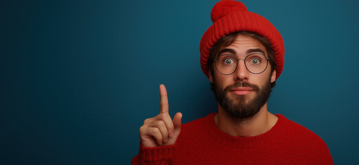Man in glasses on color background pointing up.
