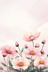 Obraz premium A delicate arrangement of pink flowers against a soft pastel background, ideal for use in greeting cards, floral designs, or romantic themes, The light colors evoke feelings of tranquility and beauty