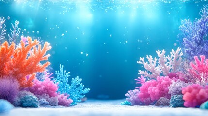 Obraz premium A vibrant underwater scene showcasing colorful coral reefs against a shimmering blue background, Ideal for projects focused on marine life, environmental education, and ocean conservation,