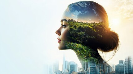 Woman's profile, earth & nature overlaid. Illustrates environmental consciousness, harmony between urban life and nature.