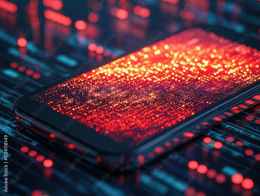Poster dynamic digital display of data patterns on smartphone technology environment close-up viewpoint inn