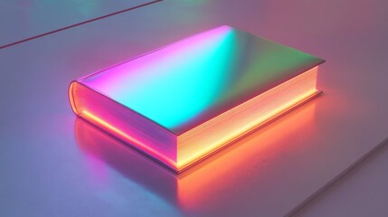 A glowing, iridescent book resting on a surface, showcasing vibrant colors and a sleek design.