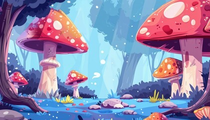 Magical Mushroom Forest. Fantasy Landscape. Enchanted Woodland. Giant Mushrooms, Fairy Tale Forest, Dreamy Landscape.