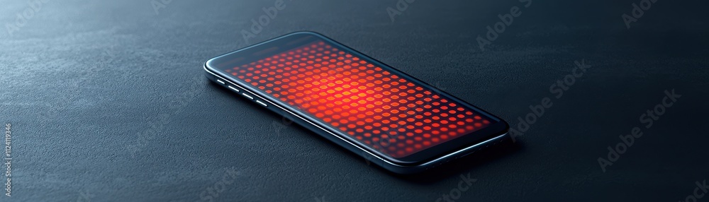Poster smartphone display illuminating red patterns modern workspace digital content tech environment close